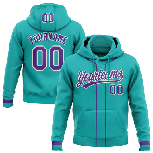 Custom Stitched Aqua Purple-White Baseball Pullover Sweatshirt Hoodie - Main View