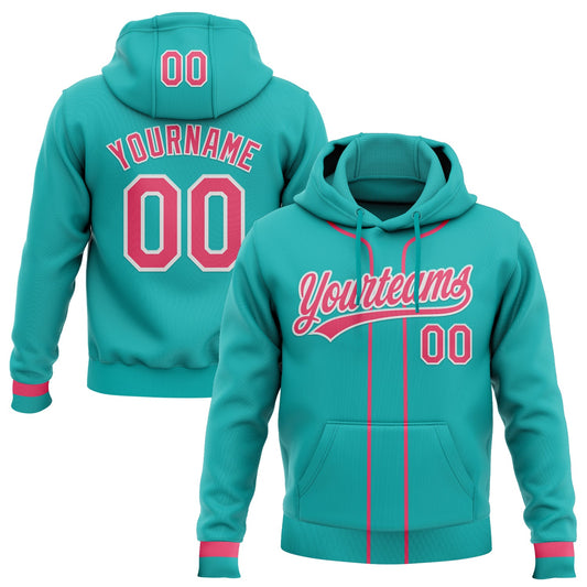 Custom Stitched Aqua Neon Pink-White Baseball Pullover Sweatshirt Hoodie - Main View