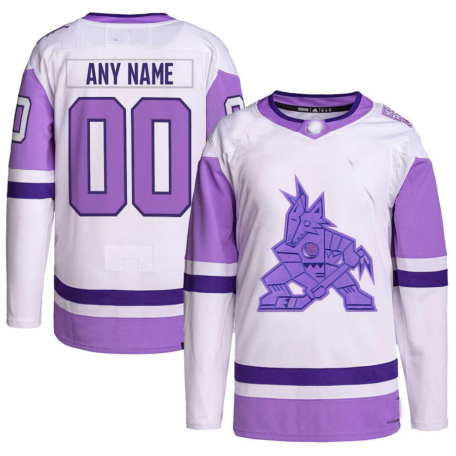 Custom A.Coyotes Hockey Fights Cancer Primegreen Authentic Jersey White Purple Stitched American Hockey Jerseys - Main View