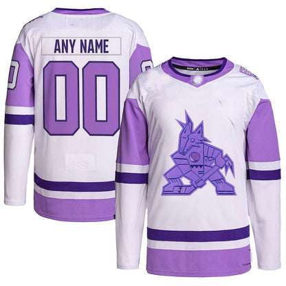 Custom A.Coyotes Hockey Fights Cancer Primegreen Authentic Jersey White Purple Stitched American Hockey Jerseys - Main View
