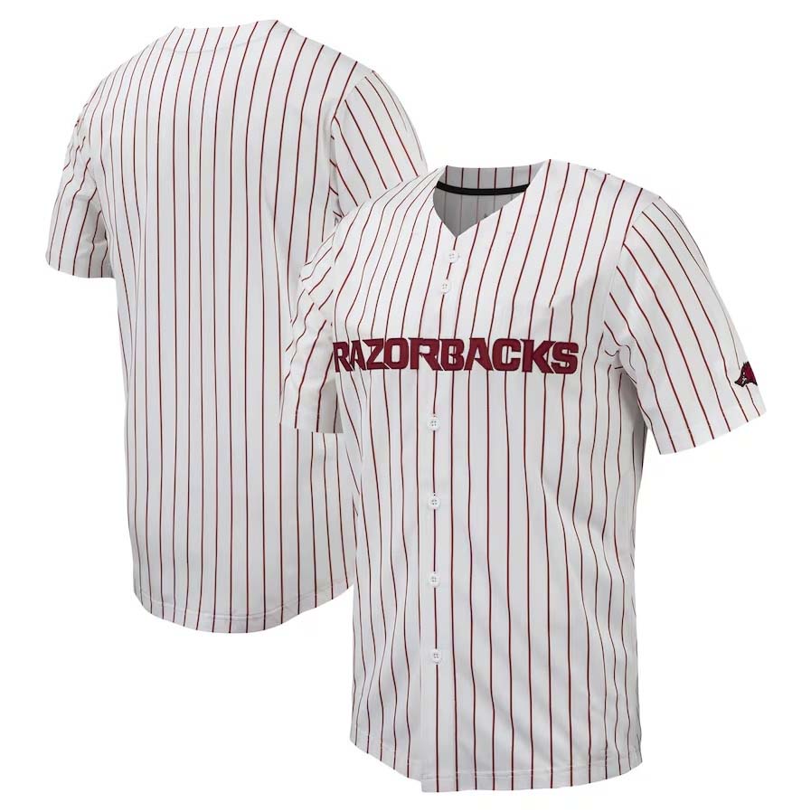 A.Razorbacks Pinstripe Replica Full-Button Baseball Jersey - White Stitched American College Jerseys - Main View