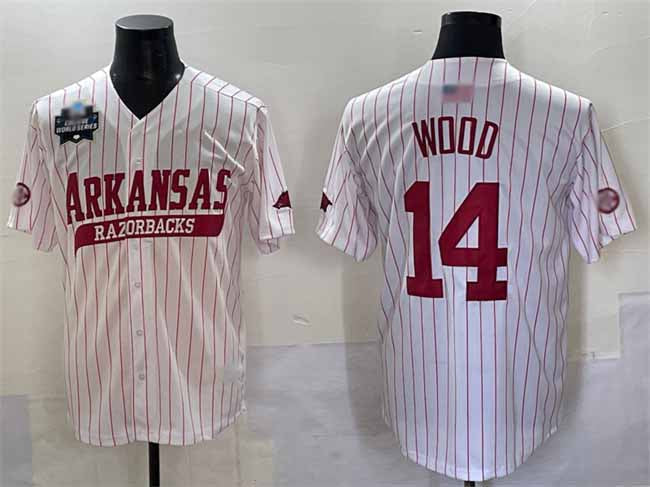 A.Razorbacks #14 Gage Wood White Pinstripe 2025 World Series Stitched American College Jerseys - Main View