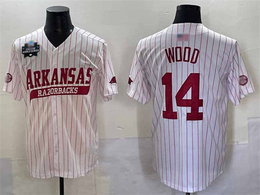 A.Razorbacks #14 Gage Wood White Pinstripe 2025 World Series Stitched American College Jerseys - Main View
