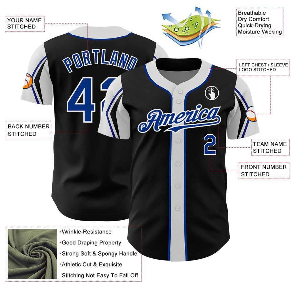 Custom Black Royal-White 3 Colors Arm Shapes Authentic Baseball Jersey view 4
