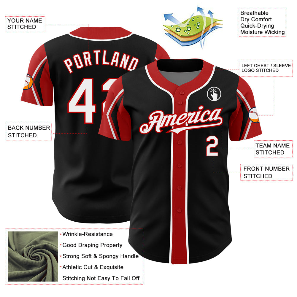 Custom Black White-Red 3 Colors Arm Shapes Authentic Baseball Jersey view 4