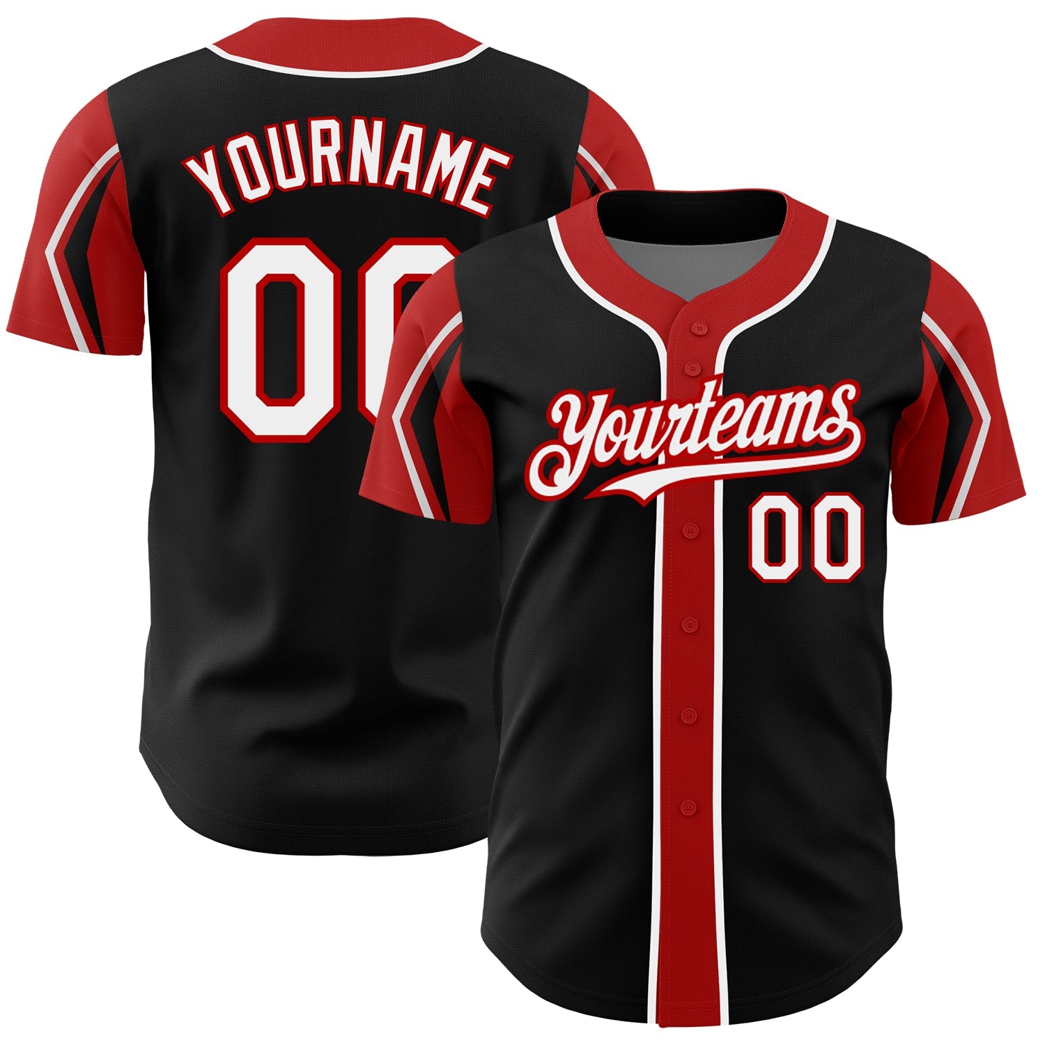 Custom Black White-Red 3 Colors Arm Shapes Authentic Baseball Jersey - Main View