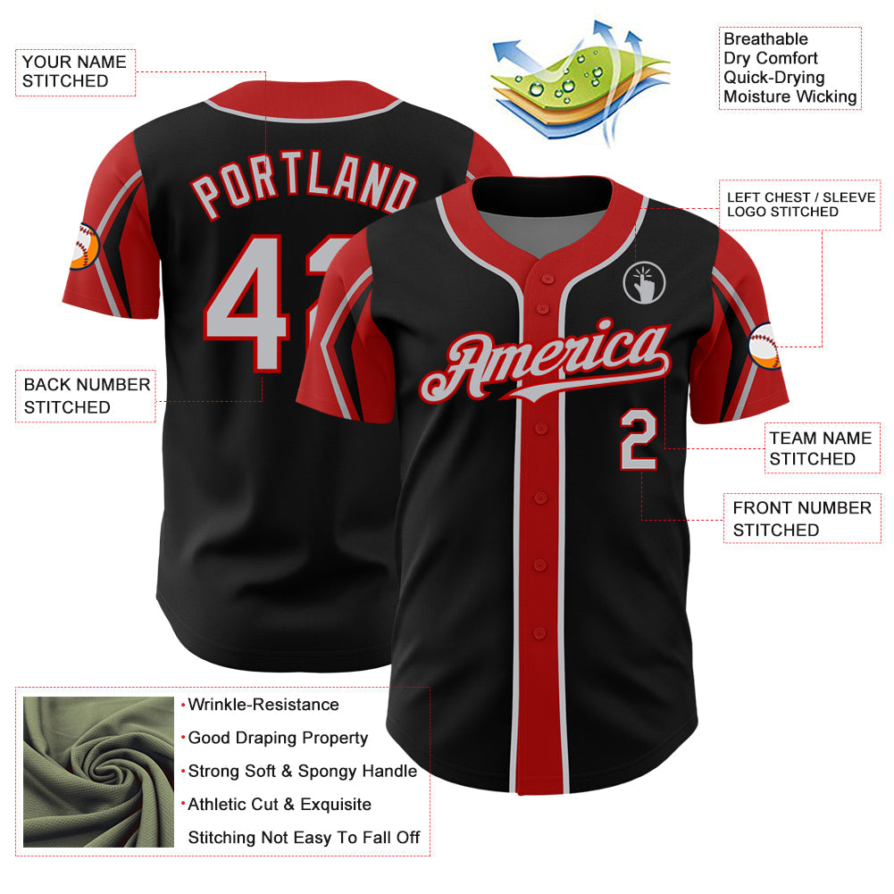 Custom Black Gray-Red 3 Colors Arm Shapes Authentic Baseball Jersey view 4