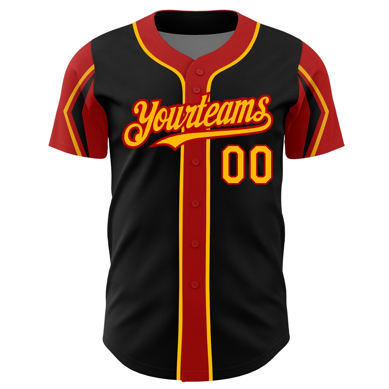 Custom Black Gold-Red 3 Colors Arm Shapes Authentic Baseball Jersey view 3