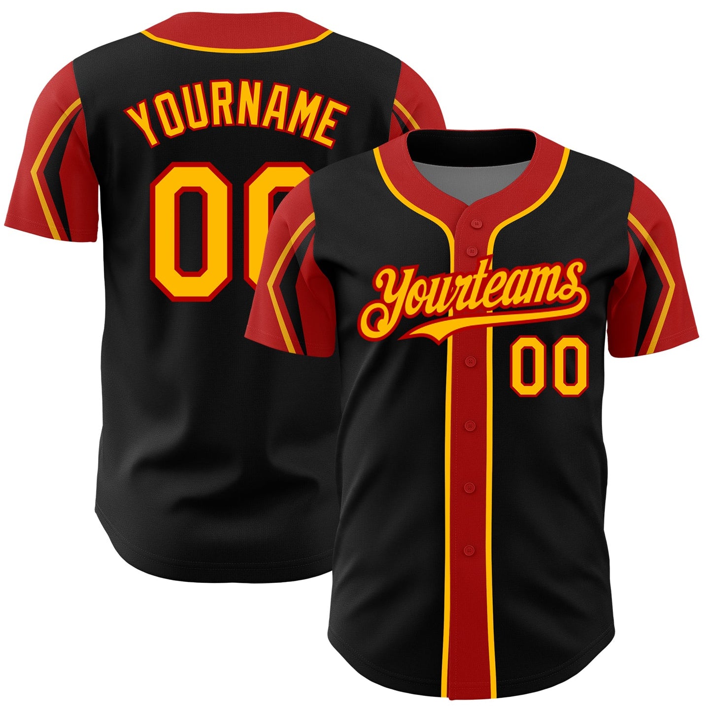 Custom Black Gold-Red 3 Colors Arm Shapes Authentic Baseball Jersey - Main View