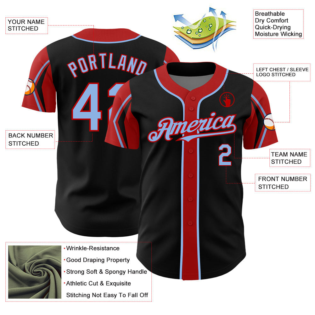 Custom Black Light Blue-Red 3 Colors Arm Shapes Authentic Baseball Jersey view 4