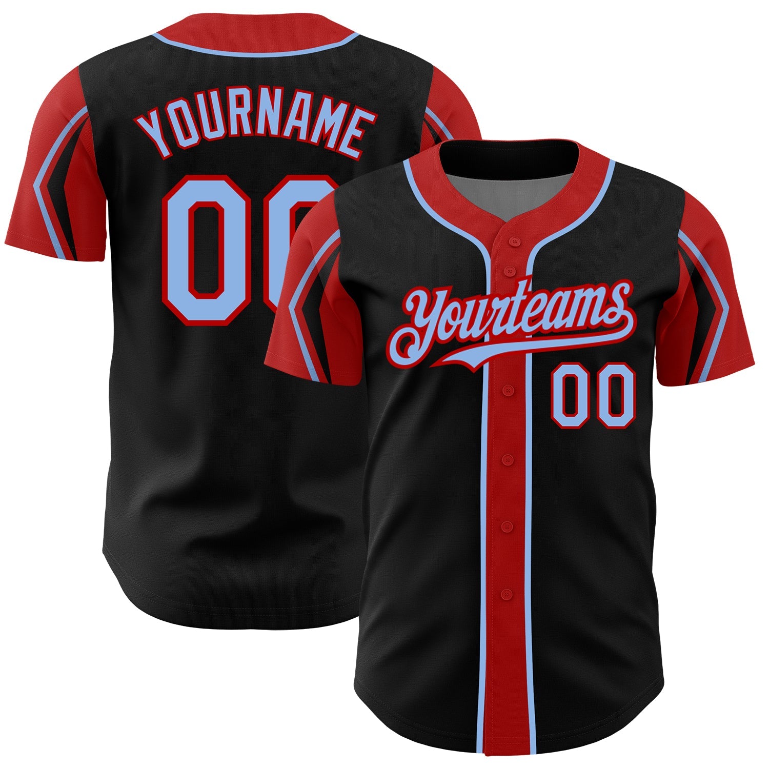 Custom Black Light Blue-Red 3 Colors Arm Shapes Authentic Baseball Jersey - Main View