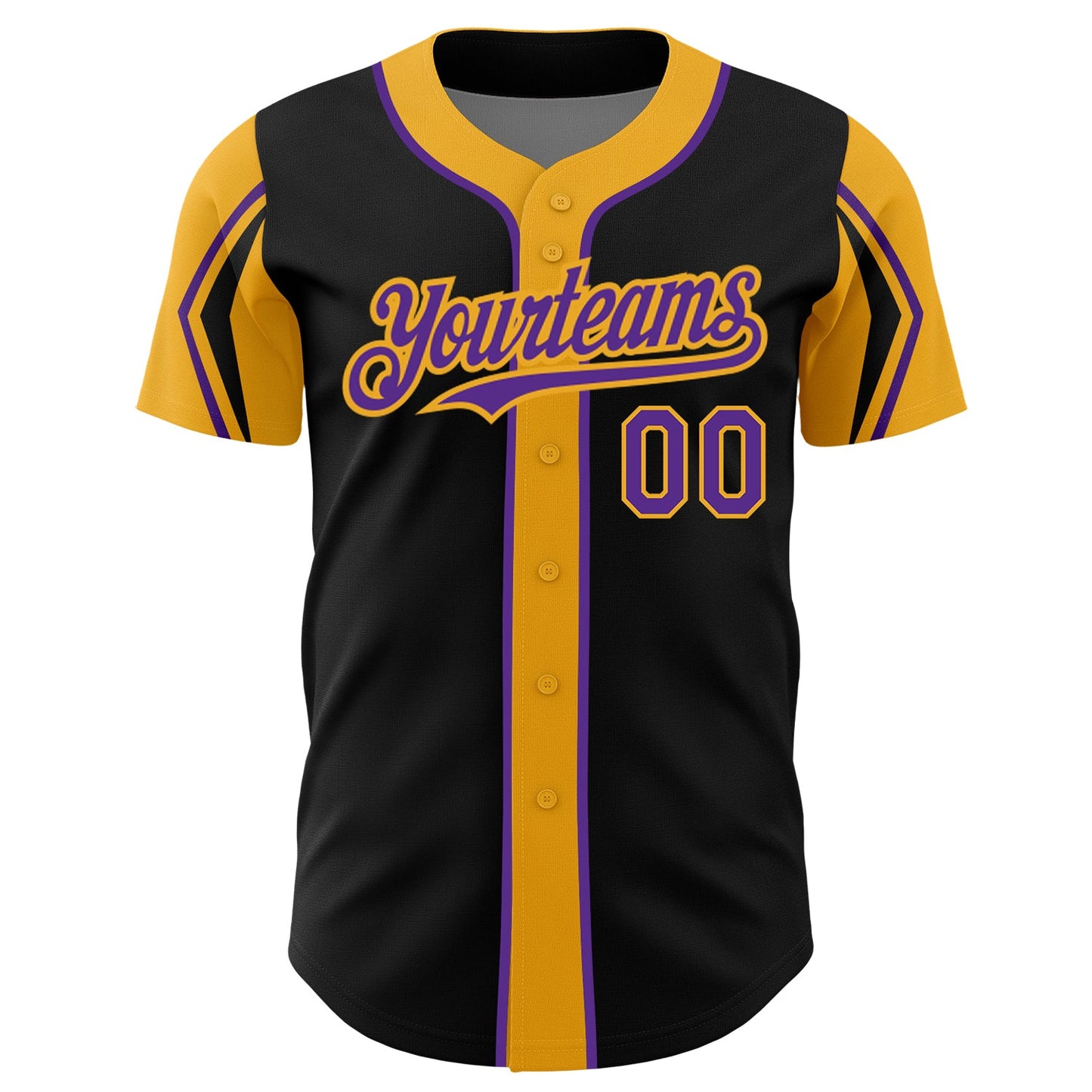 Custom Black Purple-Gold 3 Colors Arm Shapes Authentic Baseball Jersey view 3