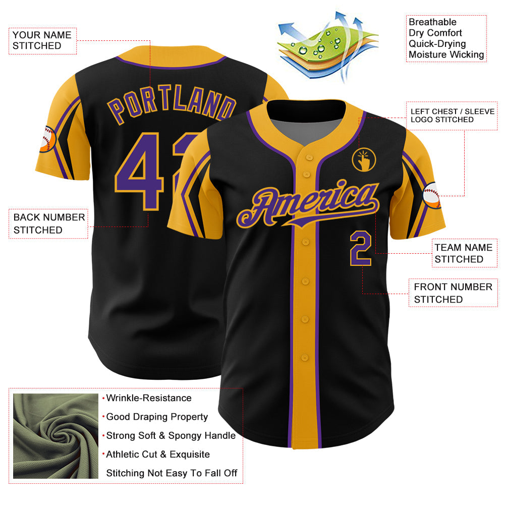 Custom Black Purple-Gold 3 Colors Arm Shapes Authentic Baseball Jersey view 4