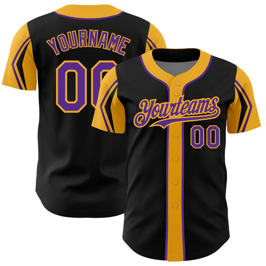 Custom Black Purple-Gold 3 Colors Arm Shapes Authentic Baseball Jersey - Main View