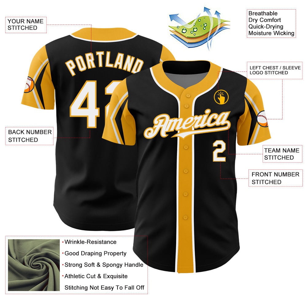 Custom Black White-Gold 3 Colors Arm Shapes Authentic Baseball Jersey view 4