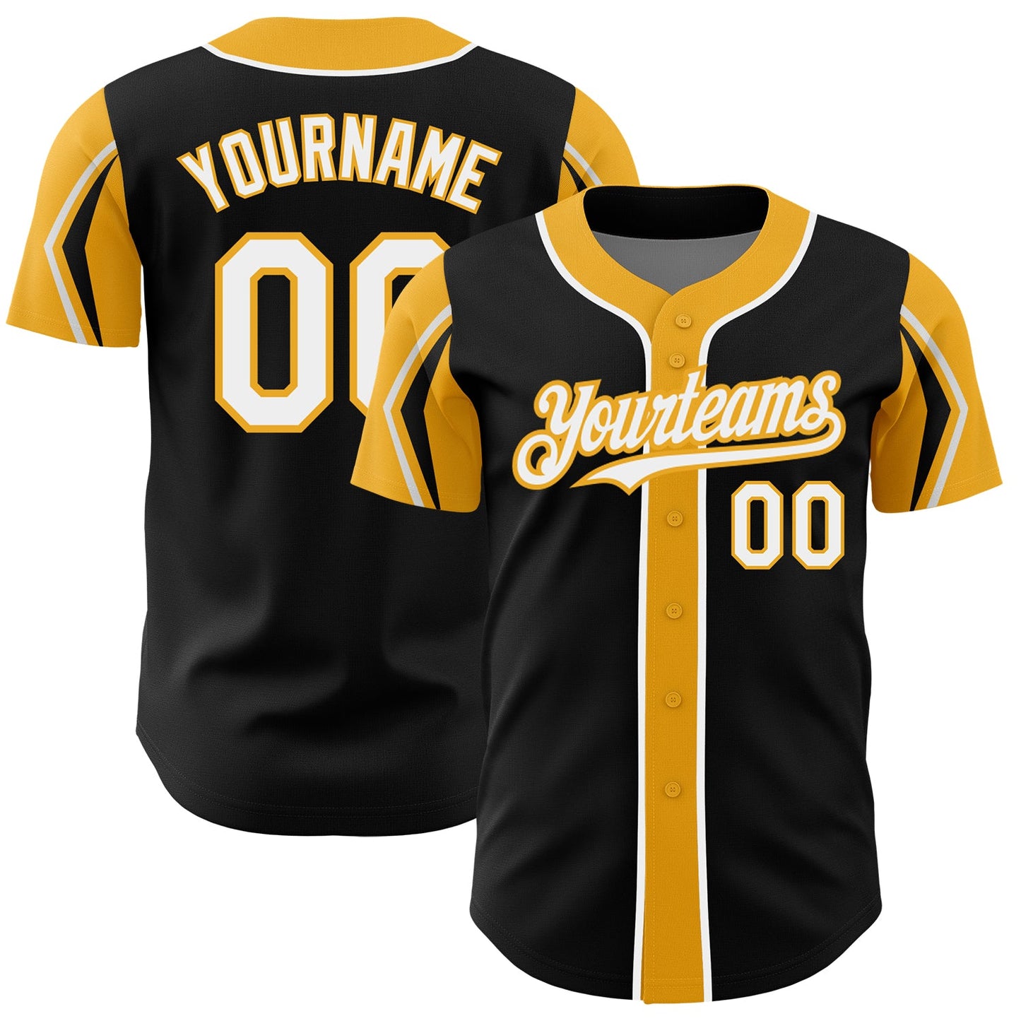 Custom Black White-Gold 3 Colors Arm Shapes Authentic Baseball Jersey - Main View