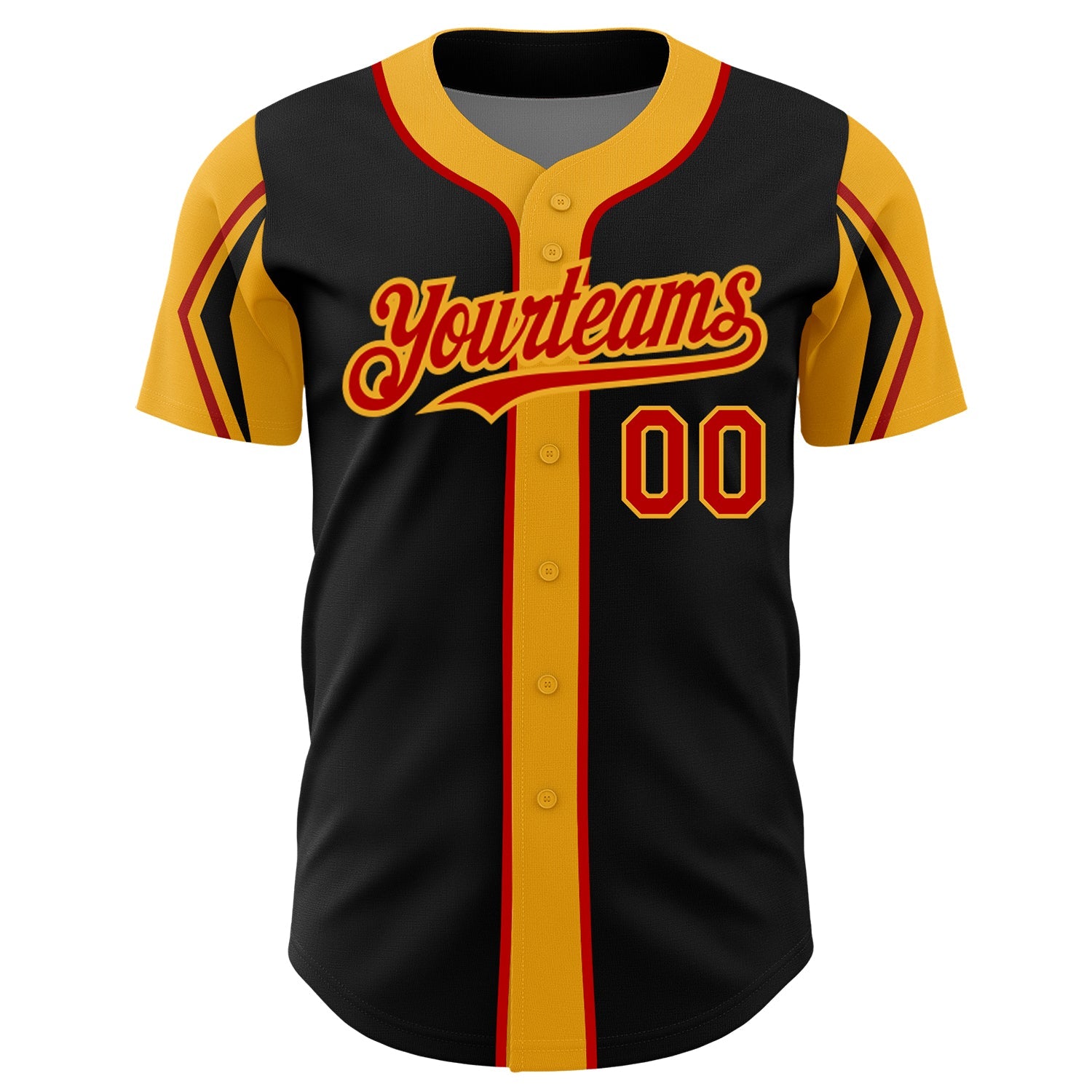 Custom Black Red-Gold 3 Colors Arm Shapes Authentic Baseball Jersey view 3