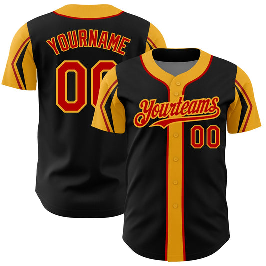Custom Black Red-Gold 3 Colors Arm Shapes Authentic Baseball Jersey - Main View