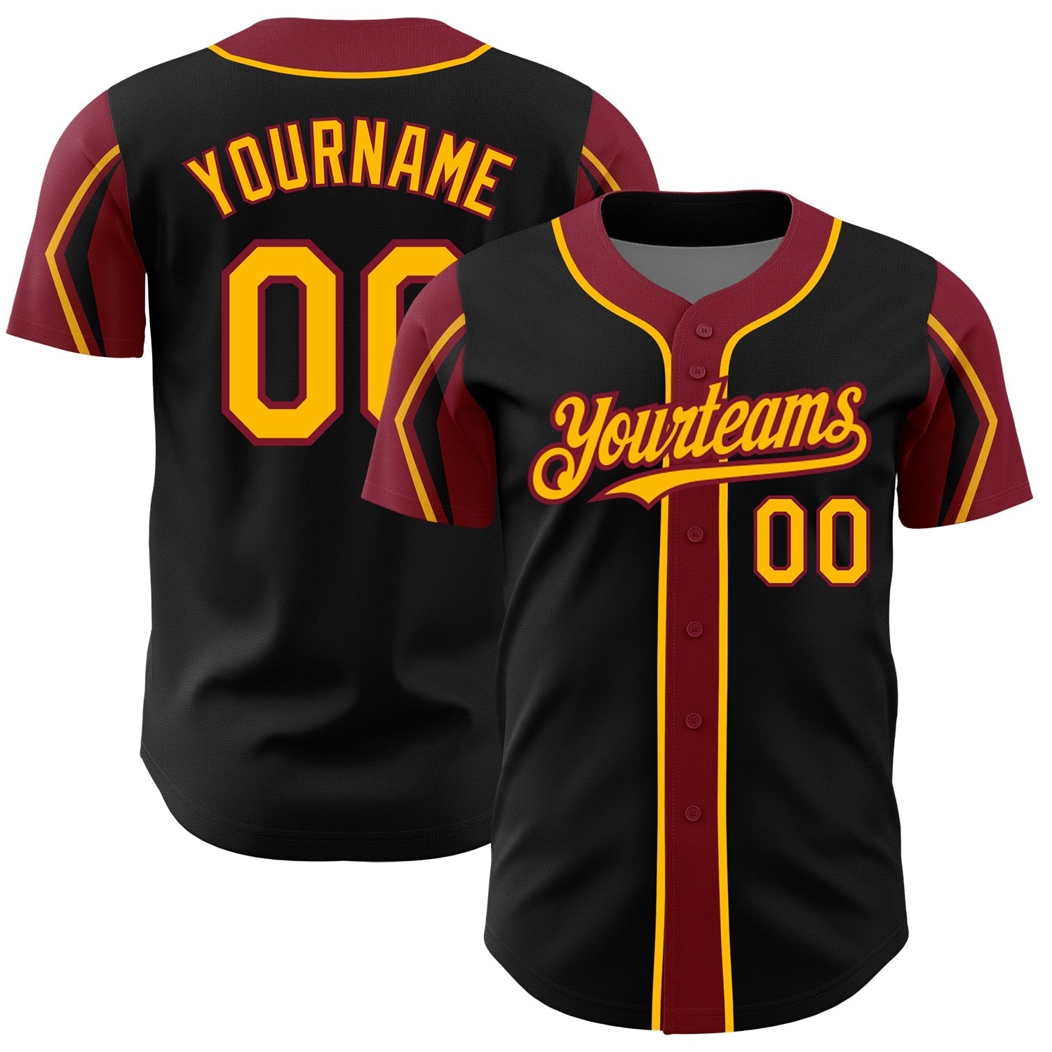 Custom Black Gold-Crimson 3 Colors Arm Shapes Authentic Baseball Jersey - Main View