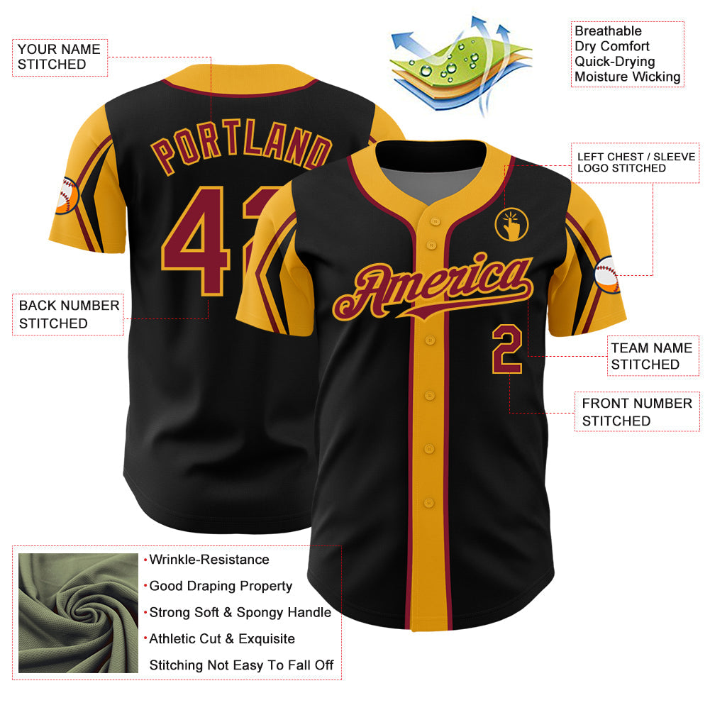 Custom Black Crimson-Gold 3 Colors Arm Shapes Authentic Baseball Jersey view 4