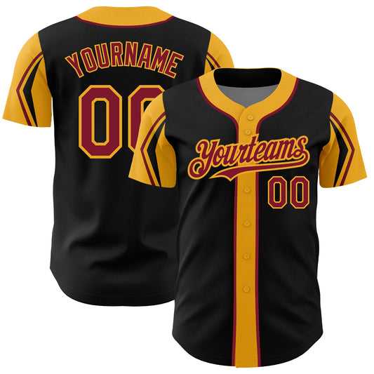 Custom Black Crimson-Gold 3 Colors Arm Shapes Authentic Baseball Jersey - Main View