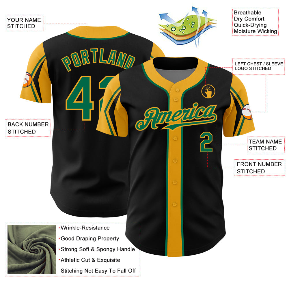 Custom Black Kelly Green-Gold 3 Colors Arm Shapes Authentic Baseball Jersey view 4