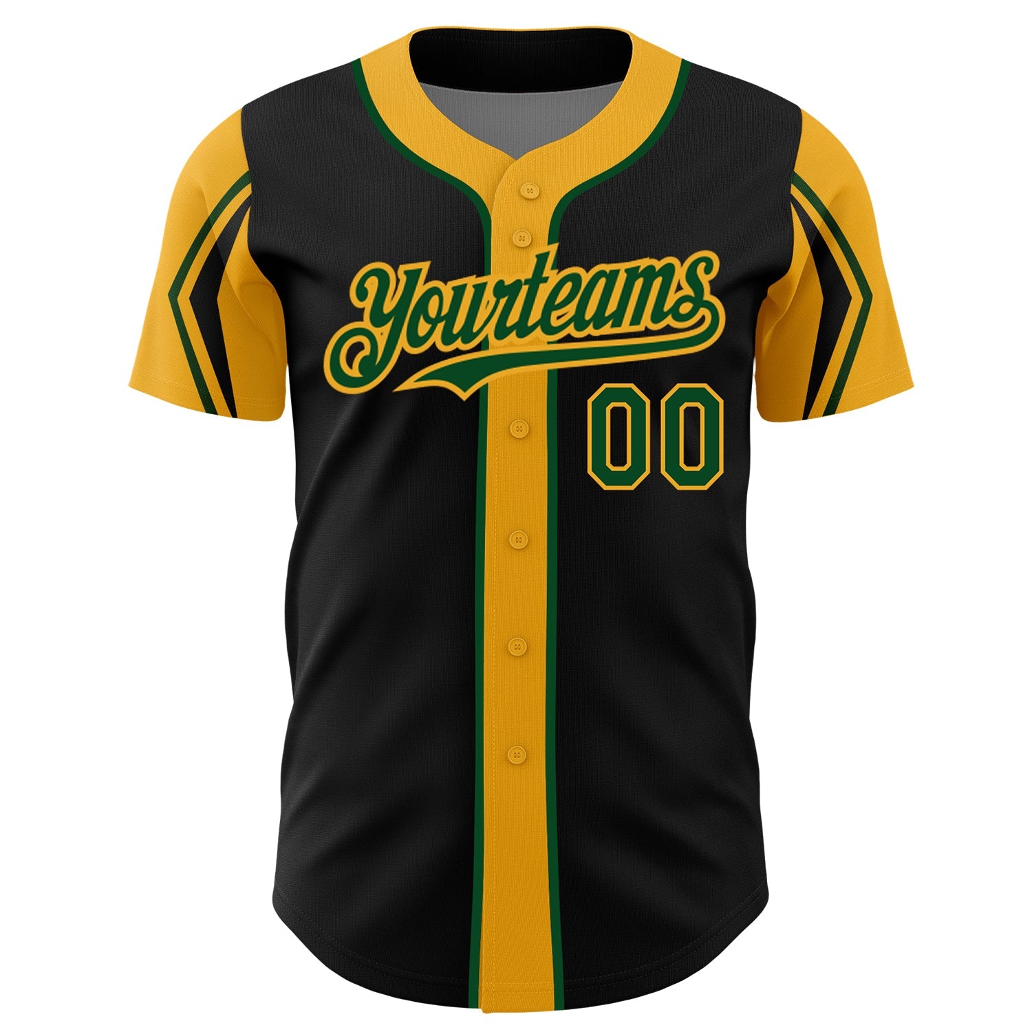 Custom Black Green-Gold 3 Colors Arm Shapes Authentic Baseball Jersey view 3