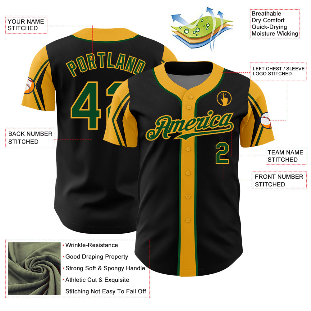 Custom Black Green-Gold 3 Colors Arm Shapes Authentic Baseball Jersey view 4