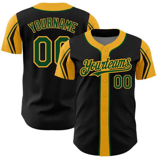 Custom Black Green-Gold 3 Colors Arm Shapes Authentic Baseball Jersey - Main View