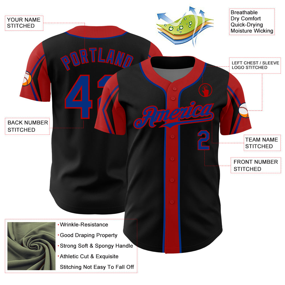 Custom Black Royal-Red 3 Colors Arm Shapes Authentic Baseball Jersey view 4