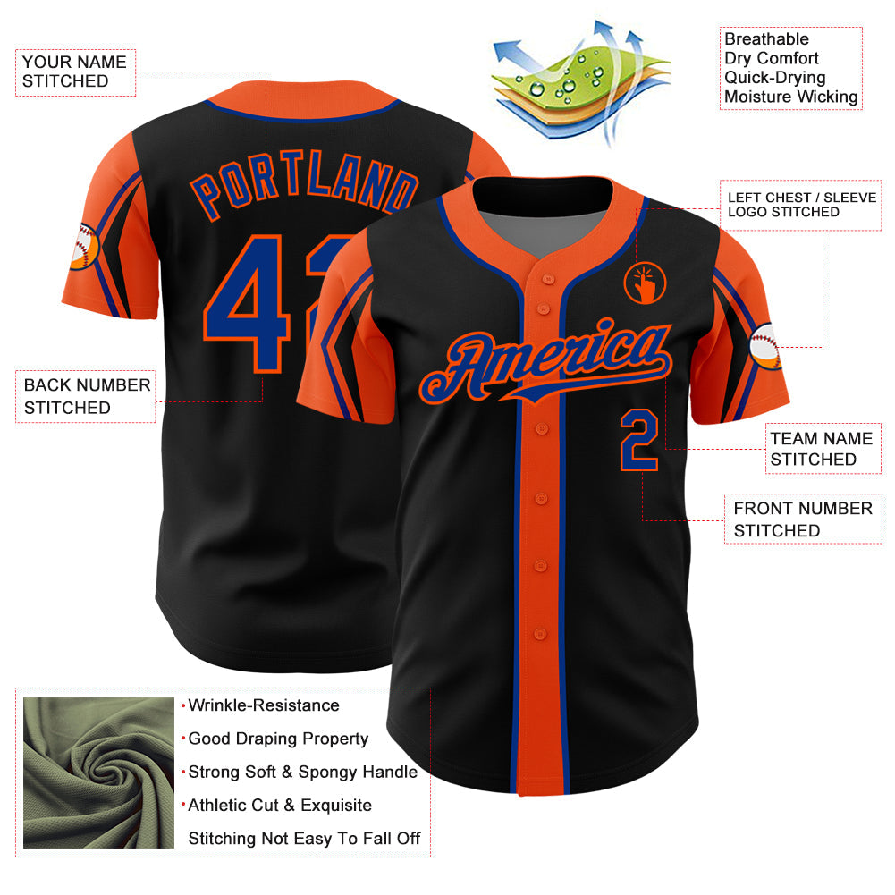 Custom Black Royal-Orange 3 Colors Arm Shapes Authentic Baseball Jersey view 4