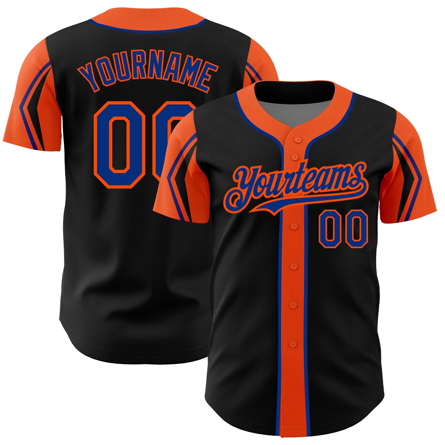 Custom Black Royal-Orange 3 Colors Arm Shapes Authentic Baseball Jersey - Main View