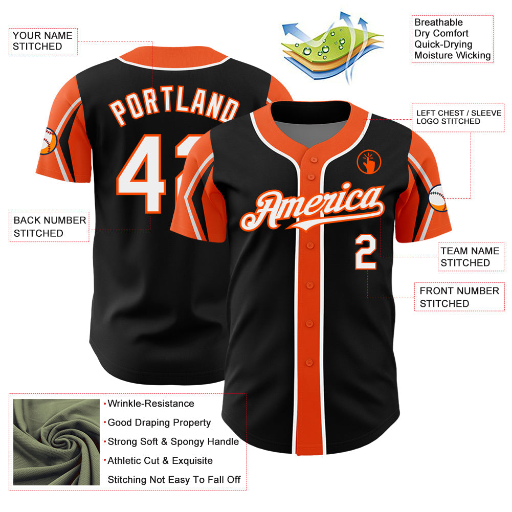 Custom Black White-Orange 3 Colors Arm Shapes Authentic Baseball Jersey view 4