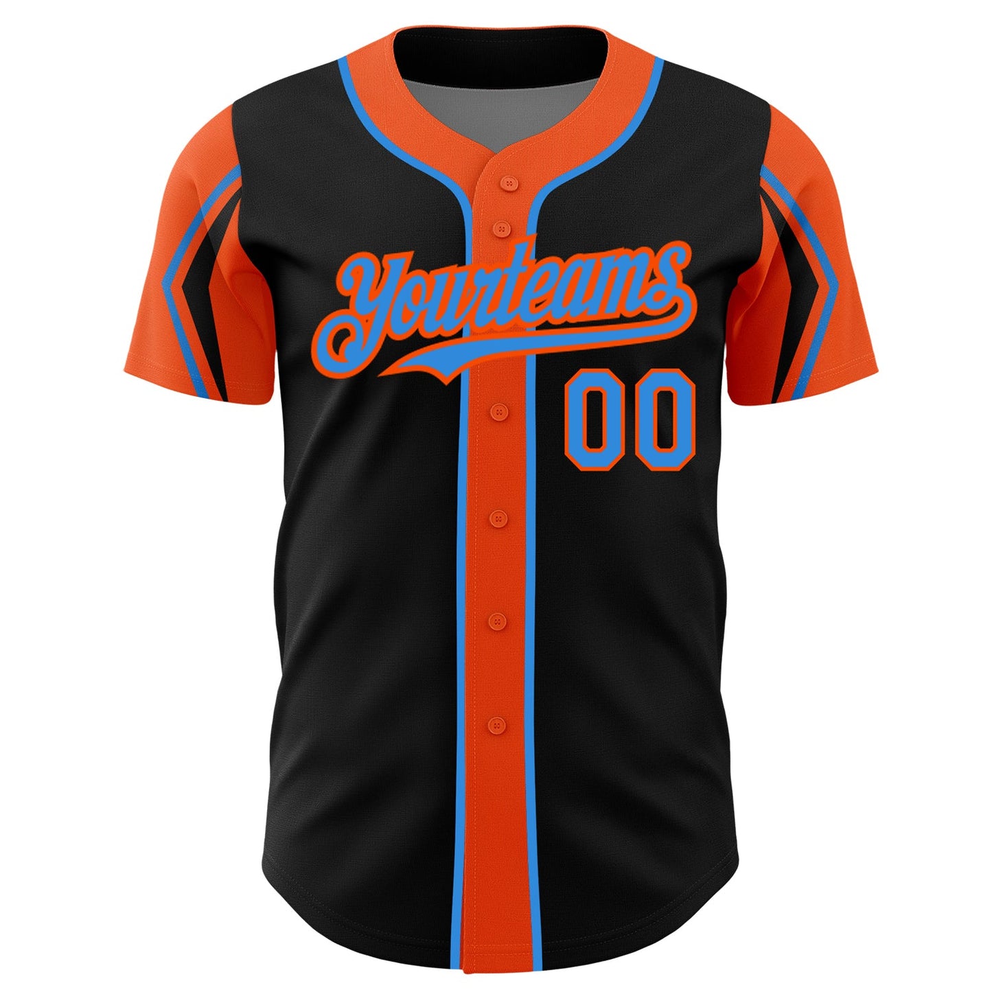 Custom Black Electric Blue-Orange 3 Colors Arm Shapes Authentic Baseball Jersey view 3
