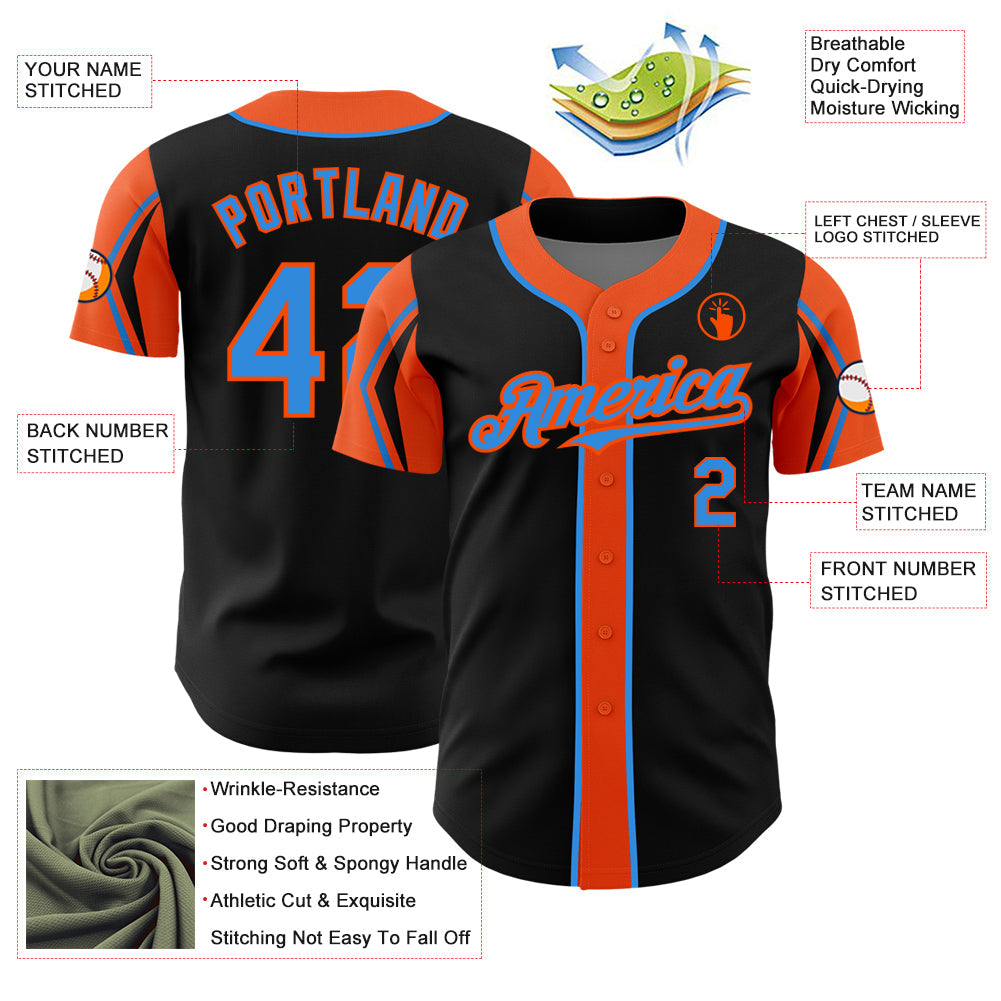 Custom Black Electric Blue-Orange 3 Colors Arm Shapes Authentic Baseball Jersey view 4