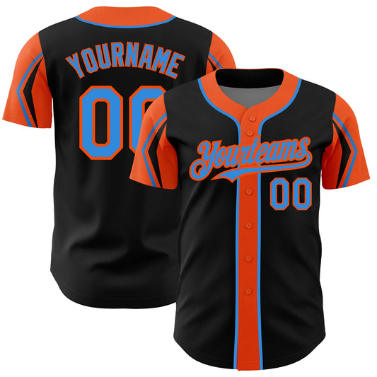 Custom Black Electric Blue-Orange 3 Colors Arm Shapes Authentic Baseball Jersey - Main View
