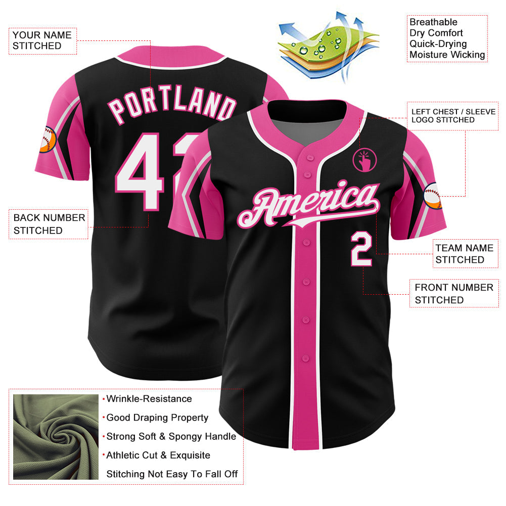 Custom Black White-Pink 3 Colors Arm Shapes Authentic Baseball Jersey view 4