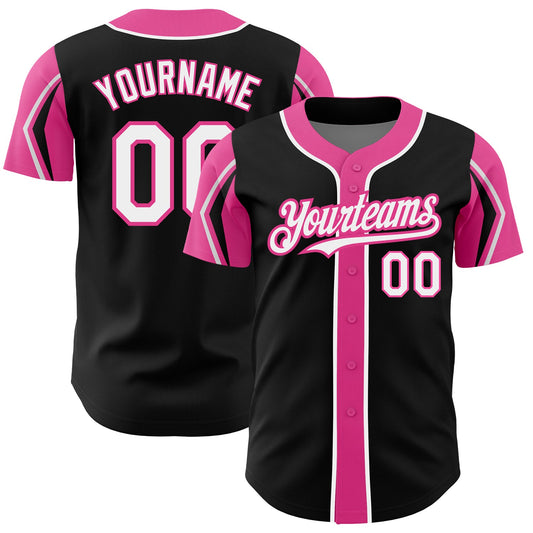 Custom Black White-Pink 3 Colors Arm Shapes Authentic Baseball Jersey - Main View