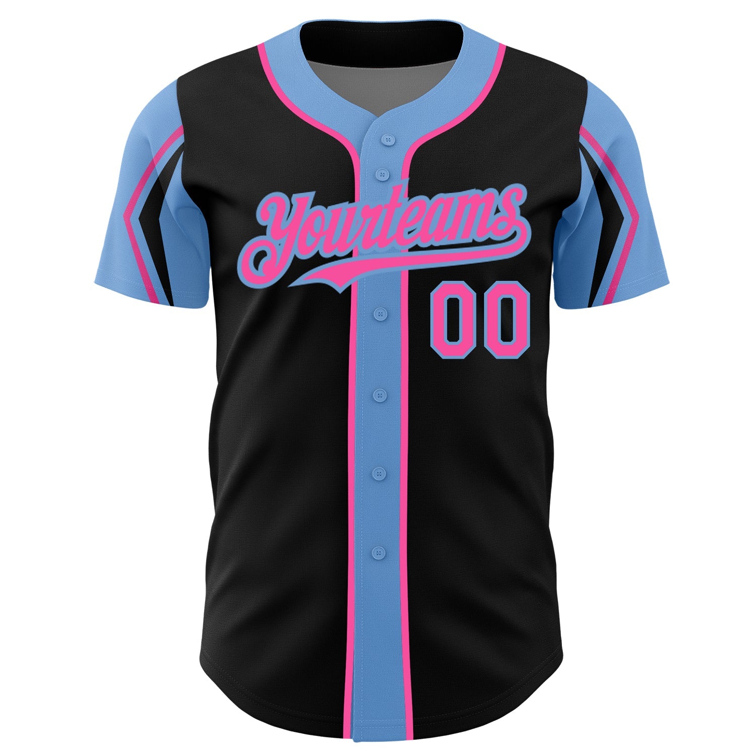 Custom Black Pink-Light Blue 3 Colors Arm Shapes Authentic Baseball Jersey view 3