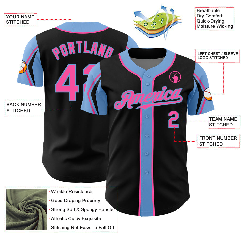 Custom Black Pink-Light Blue 3 Colors Arm Shapes Authentic Baseball Jersey view 4