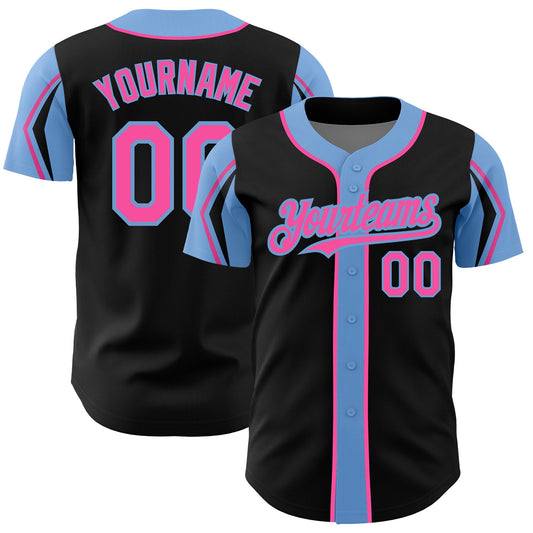 Custom Black Pink-Light Blue 3 Colors Arm Shapes Authentic Baseball Jersey - Main View