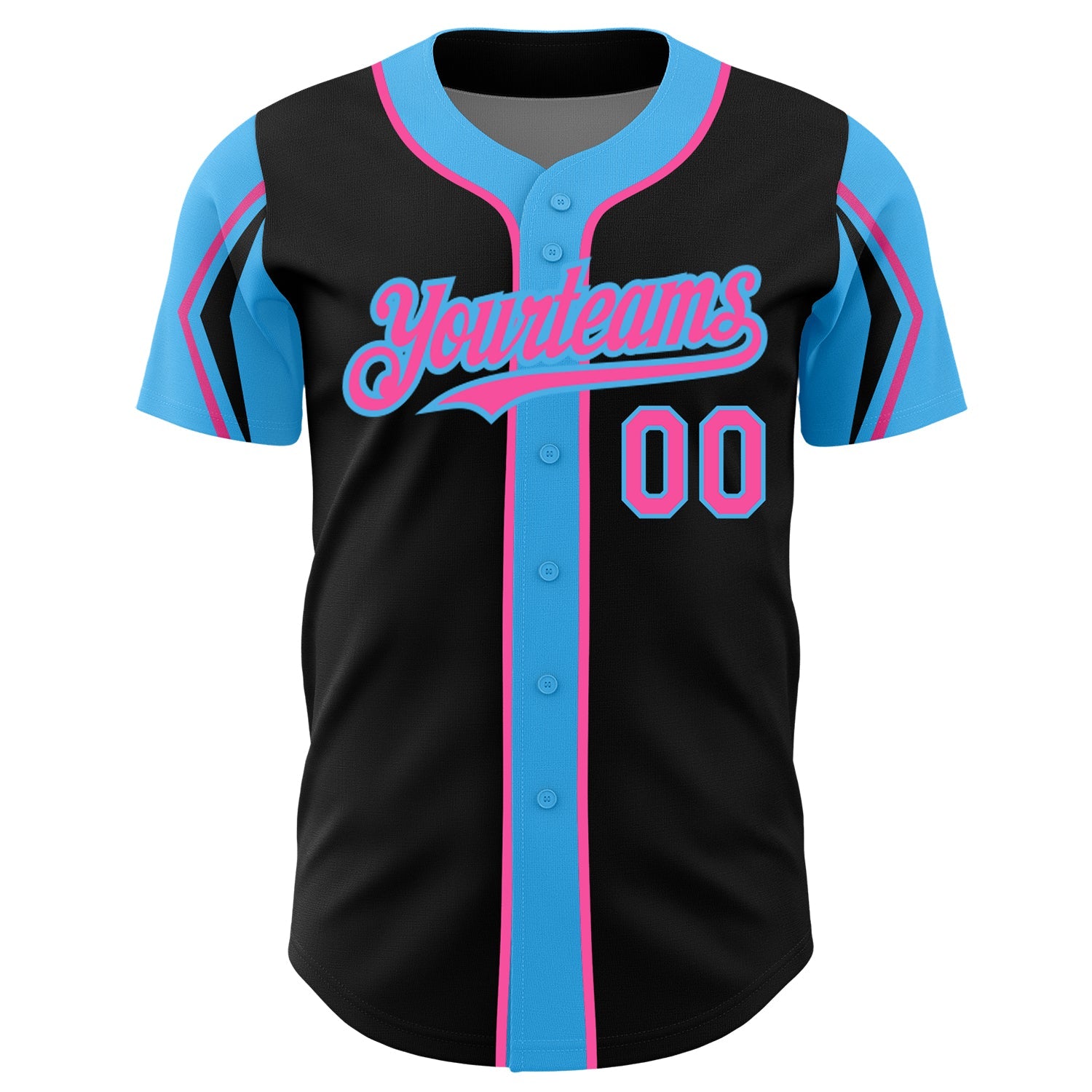 Custom Black Pink-Sky Blue 3 Colors Arm Shapes Authentic Baseball Jersey view 3