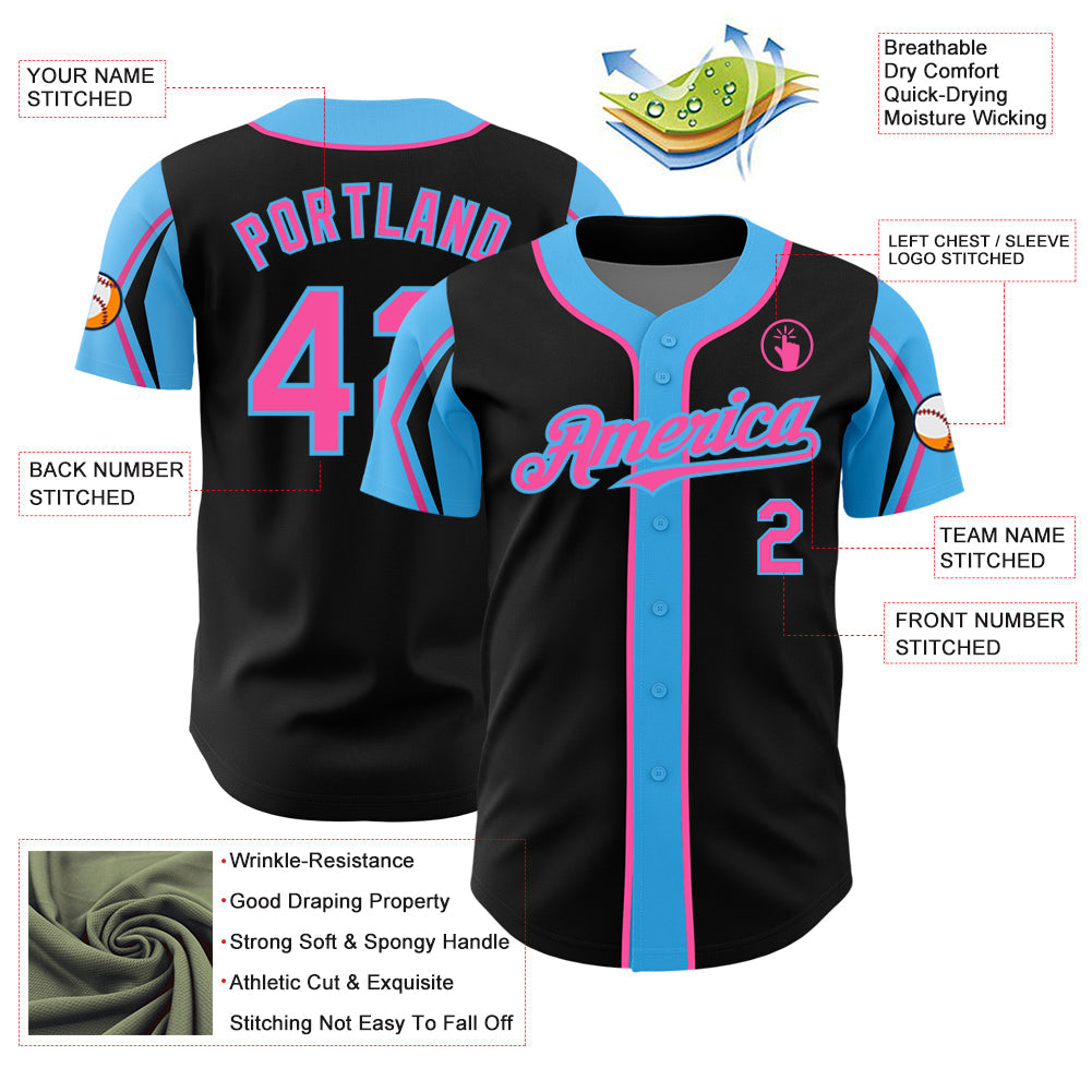 Custom Black Pink-Sky Blue 3 Colors Arm Shapes Authentic Baseball Jersey view 4