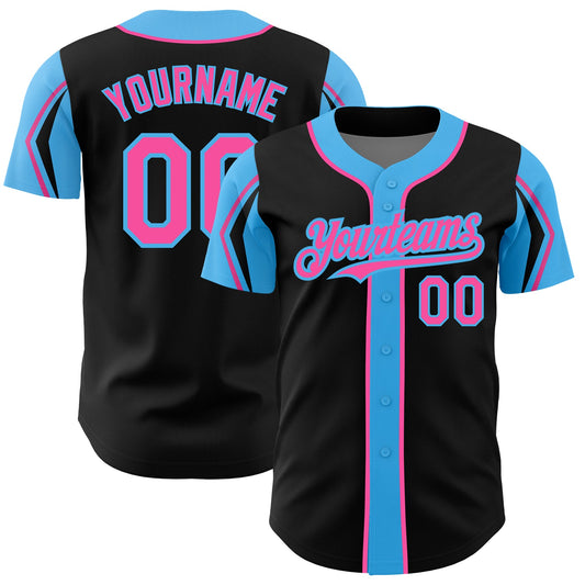 Custom Black Pink-Sky Blue 3 Colors Arm Shapes Authentic Baseball Jersey - Main View