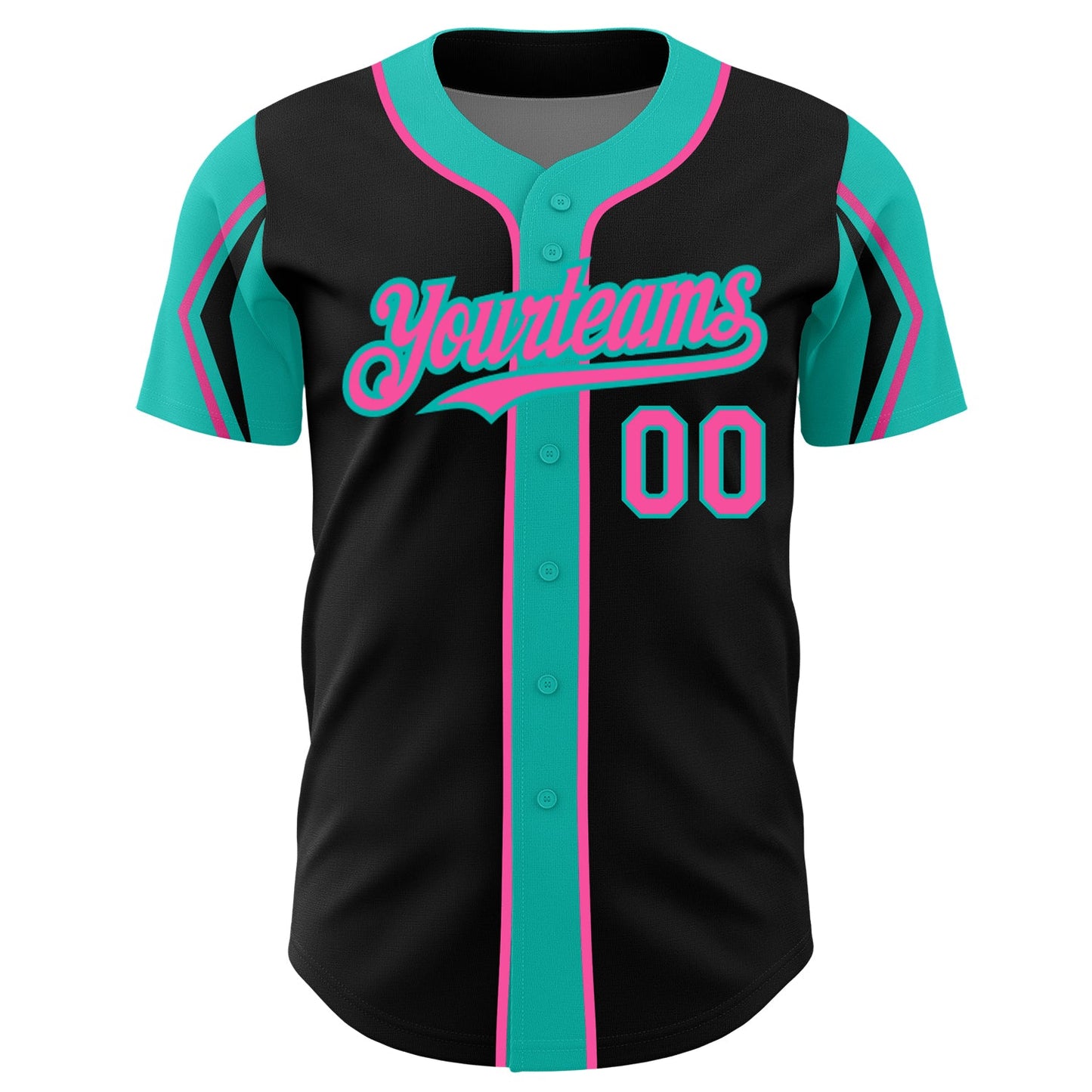 Custom Black Pink-Aqua 3 Colors Arm Shapes Authentic Baseball Jersey view 3