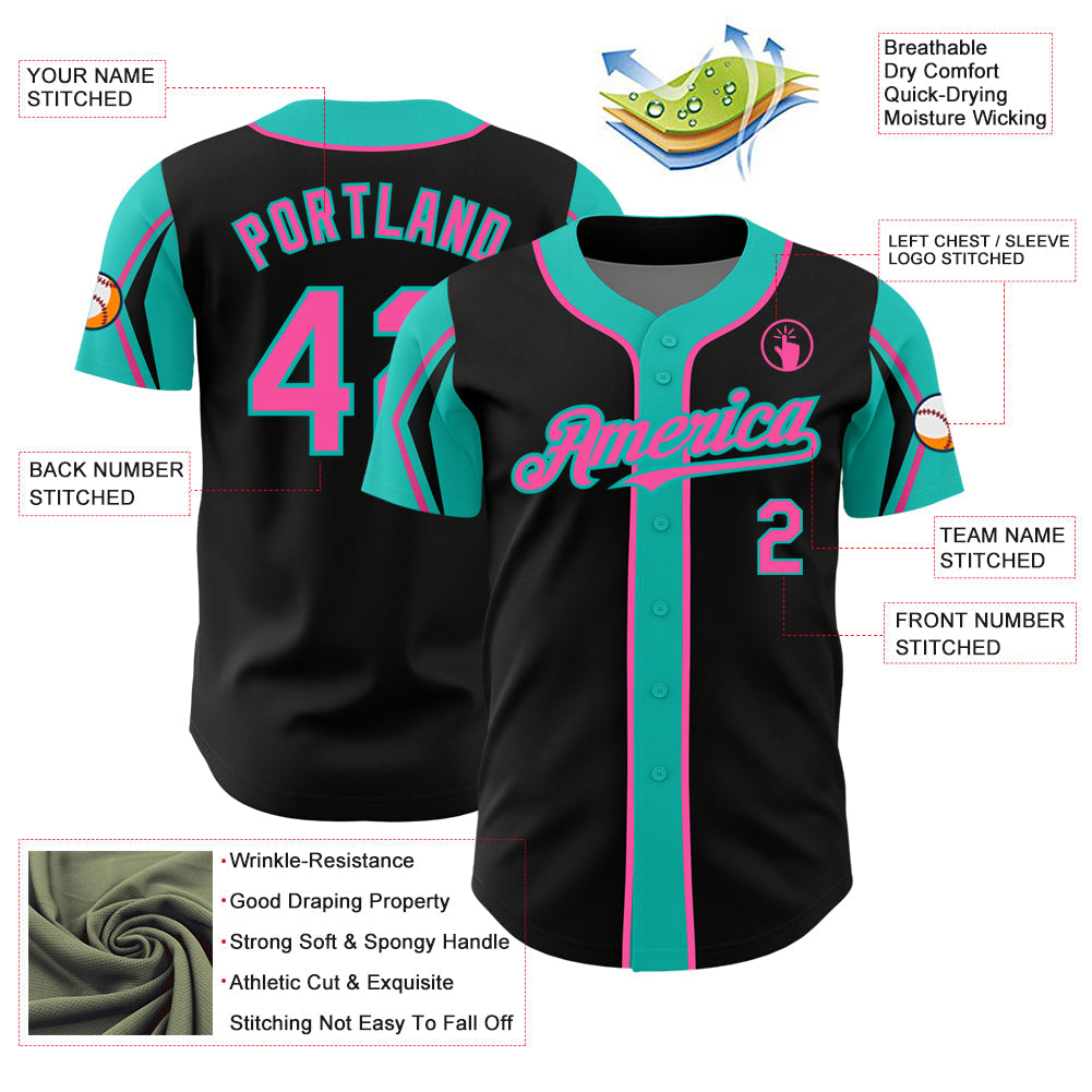 Custom Black Pink-Aqua 3 Colors Arm Shapes Authentic Baseball Jersey view 4