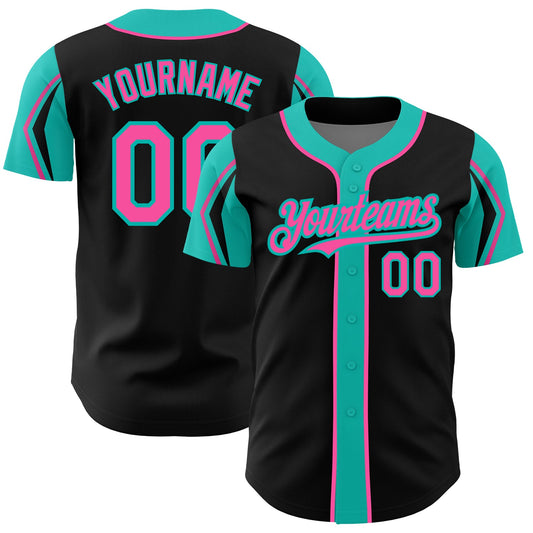 Custom Black Pink-Aqua 3 Colors Arm Shapes Authentic Baseball Jersey - Main View