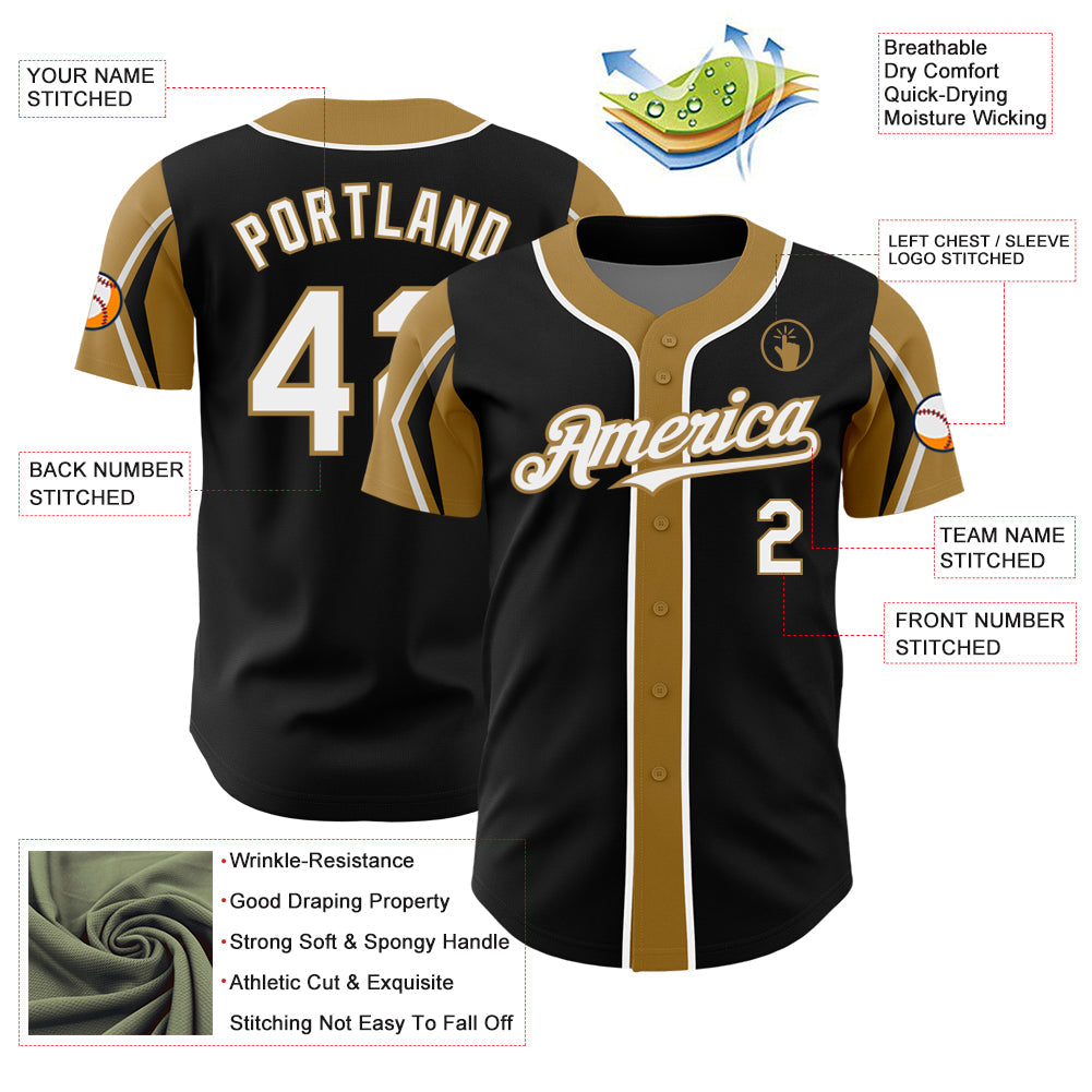 Custom Black White-Old Gold 3 Colors Arm Shapes Authentic Baseball Jersey view 4