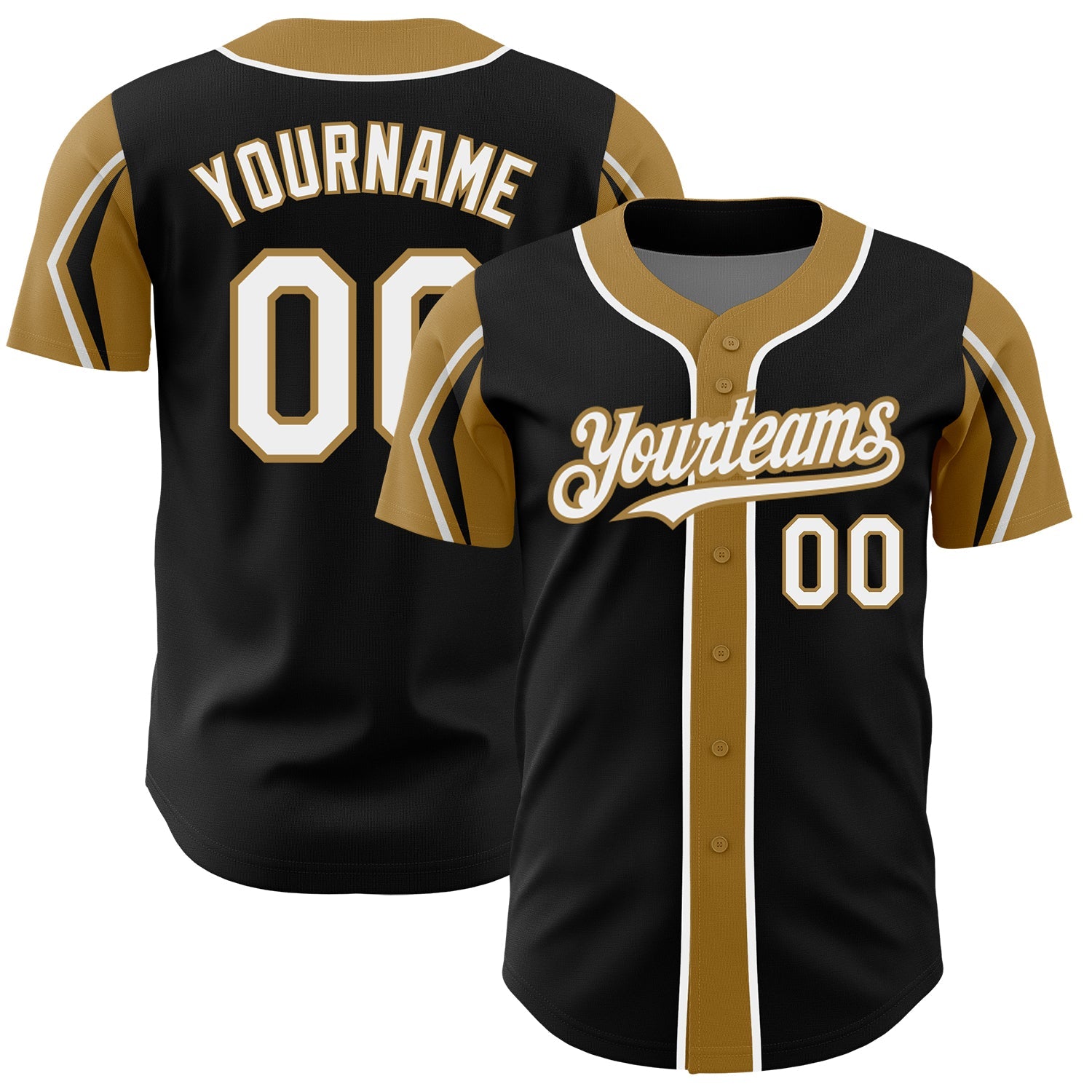 Custom Black White-Old Gold 3 Colors Arm Shapes Authentic Baseball Jersey - Main View
