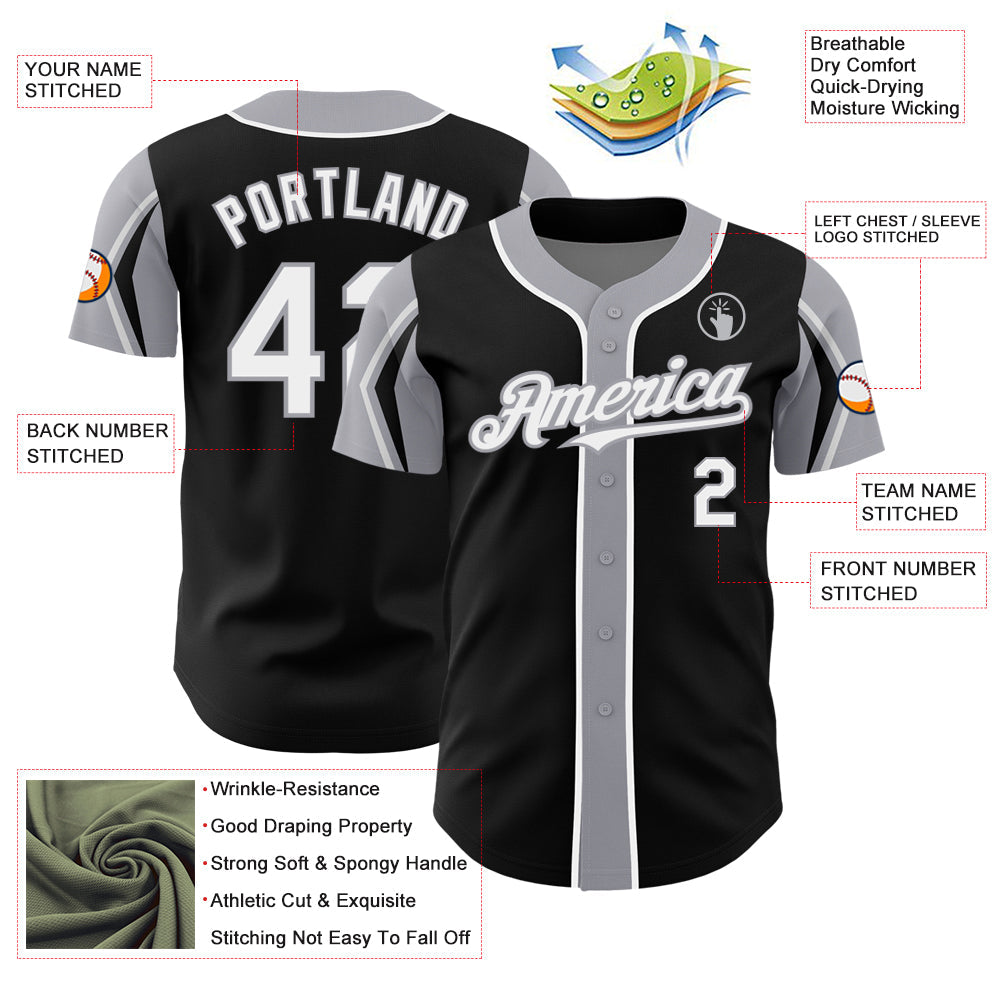 Custom Black White-Gray 3 Colors Arm Shapes Authentic Baseball Jersey view 4